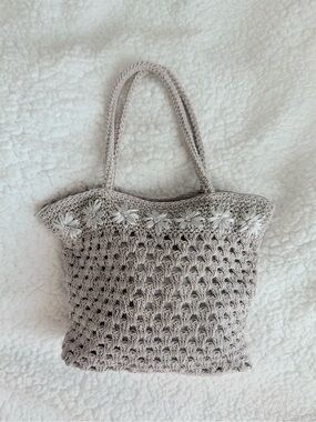 Handcrafted Beige Crochet Tote Bag with Floral Trim